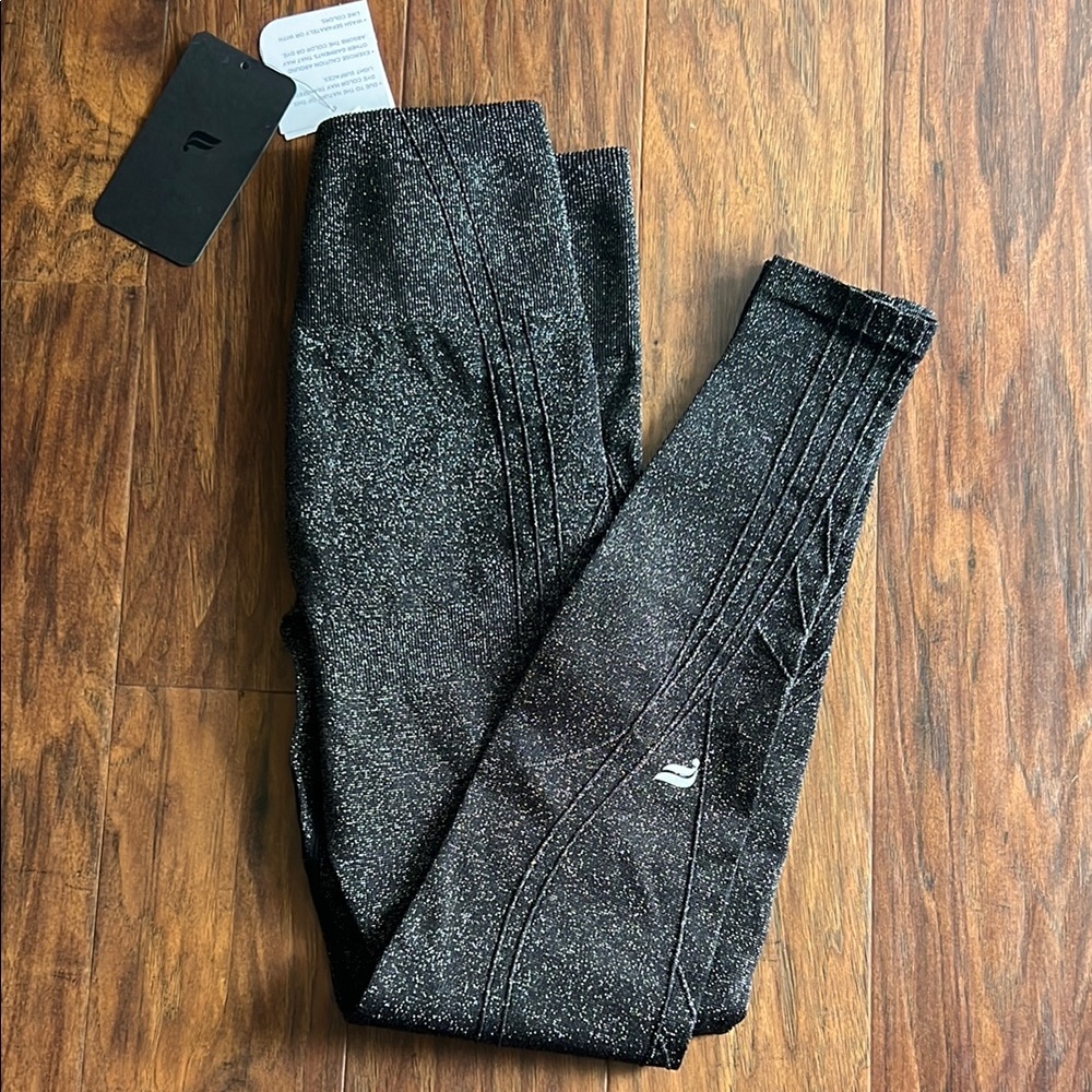 Fabletics Black and Silver Leggings with Textured Knit Design